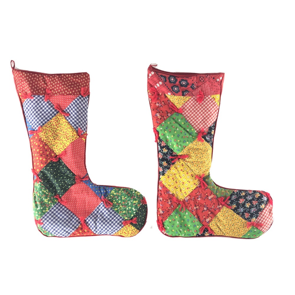 Vintage Quilted Patchwork Christmas Stockings Red‎ Floral Gingham Set of 2
